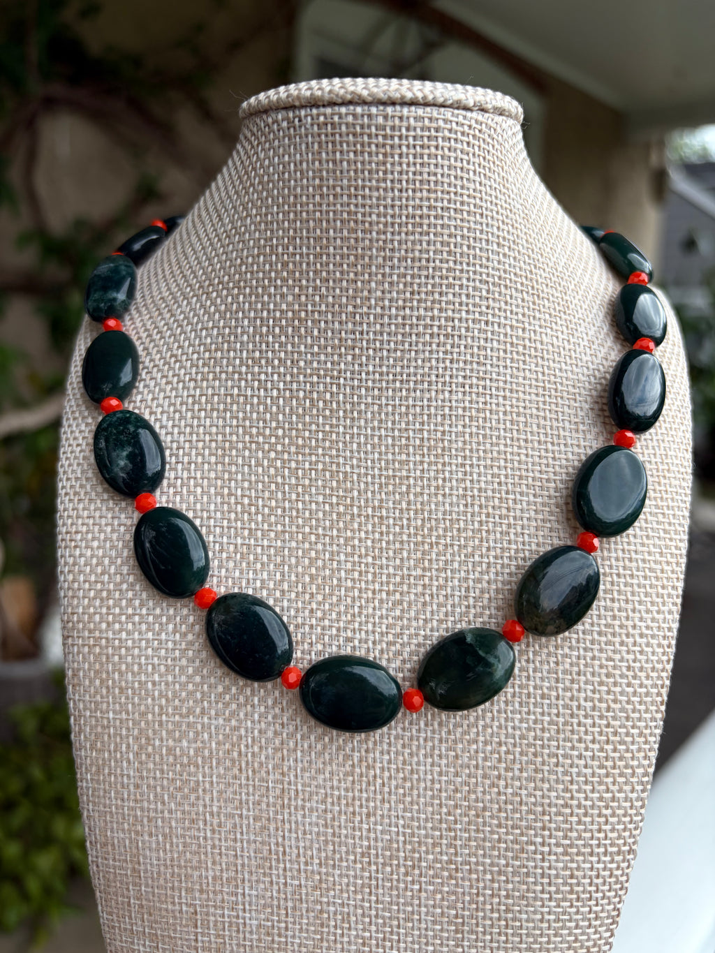 Dark Green Jasper and Orange Crystal Necklace
