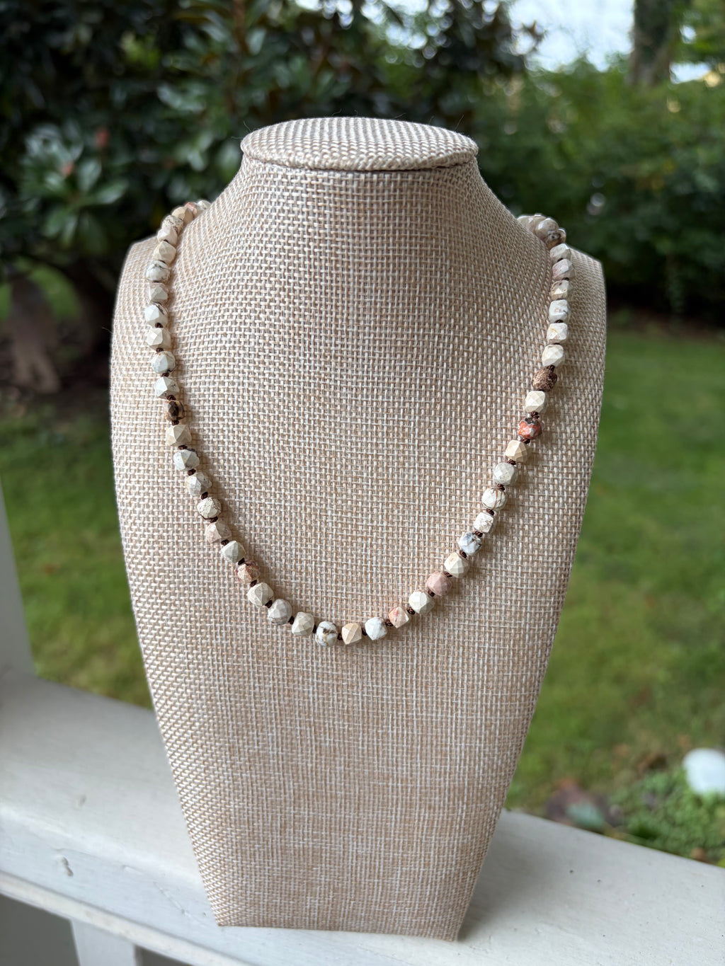 Sandstone Faceted Cube Beads Hand-Knotted on Brown Silk