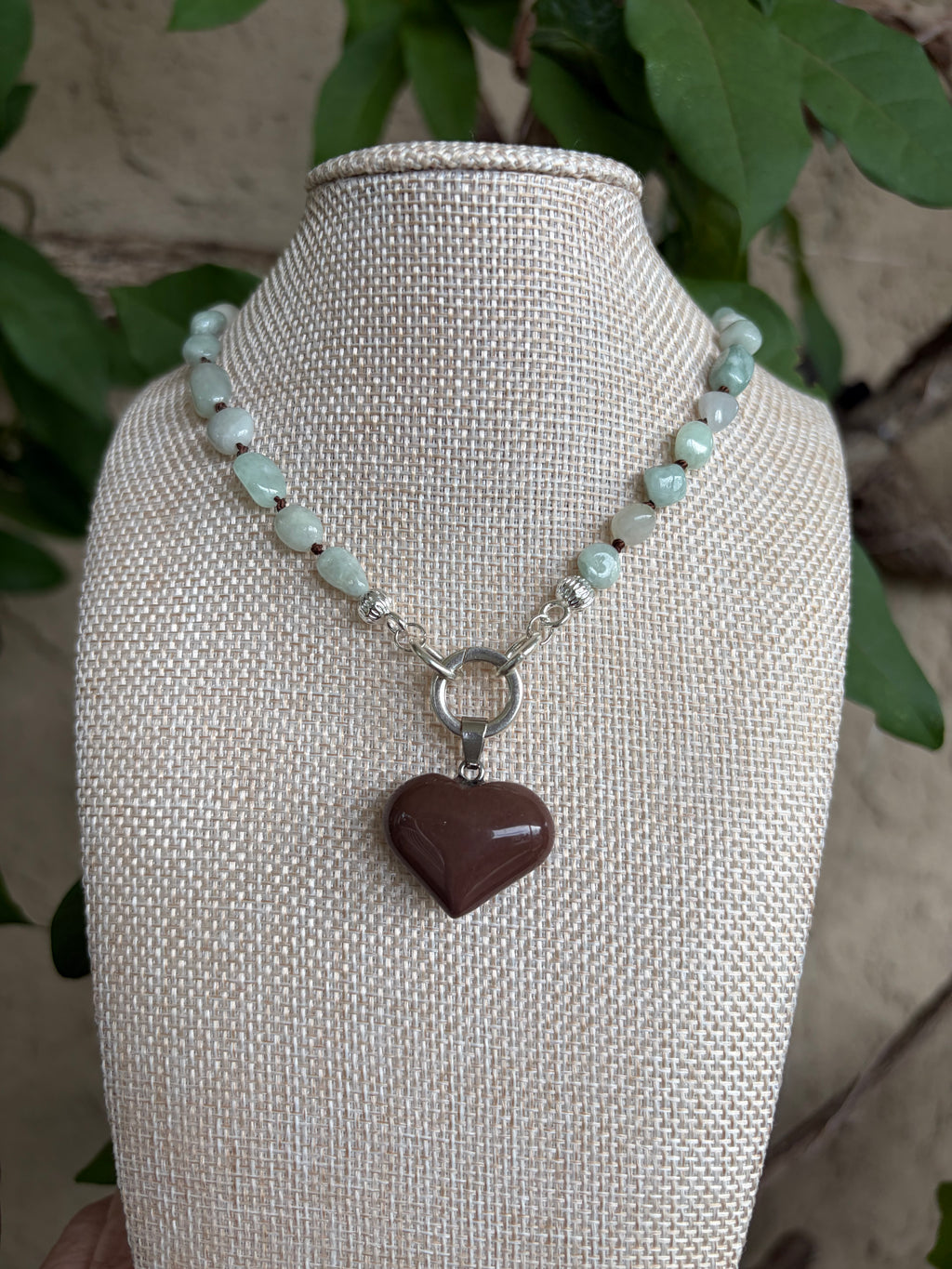Green Jade Nuggets Hand-Knotted on Silk with Brown Stone Heart Charm