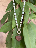 Green Jade Nuggets Hand-Knotted on Silk with Brown Stone Heart Charm