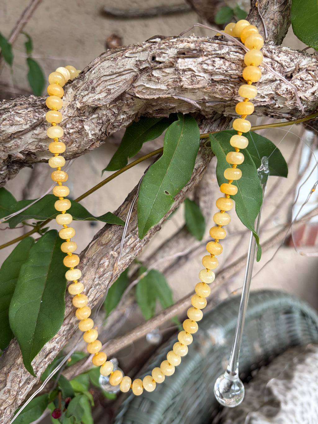 Yellow Jade Rondelle Beads Hand Knotted on Silk Cord