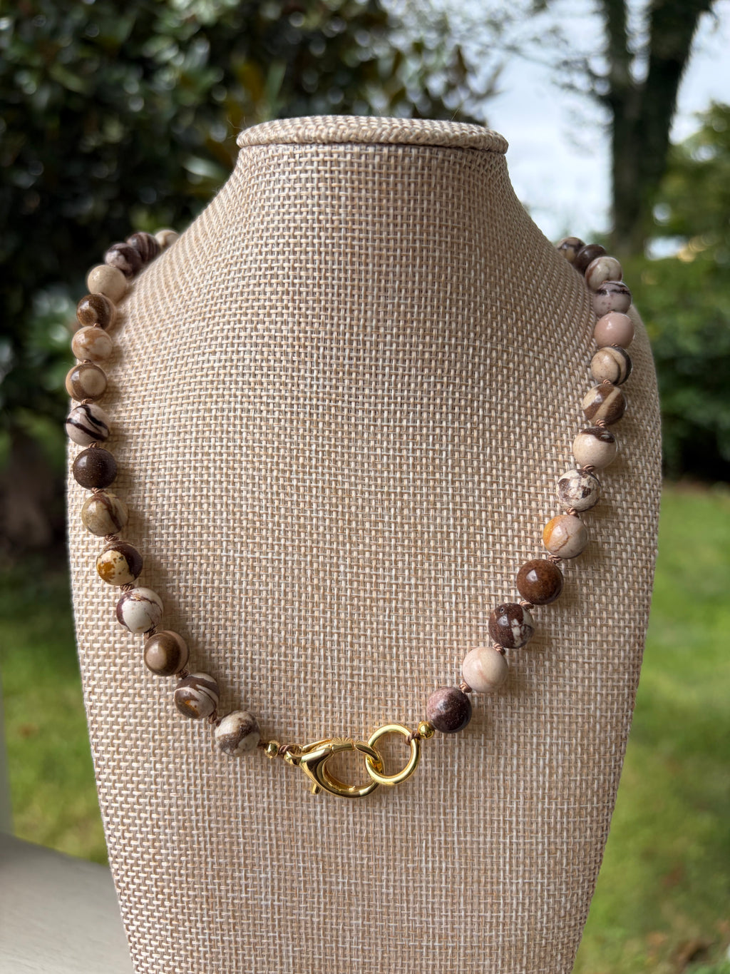 Brown and Cream Jasper Hand Knotted on Silk Cord
