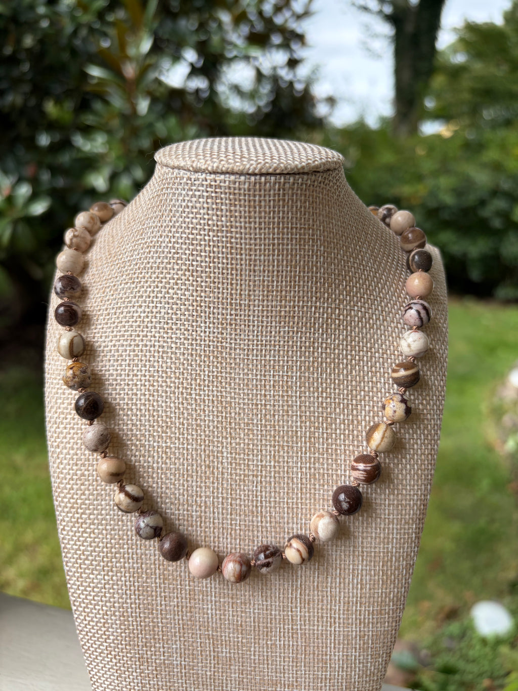 Brown and Cream Jasper Hand Knotted on Silk Cord