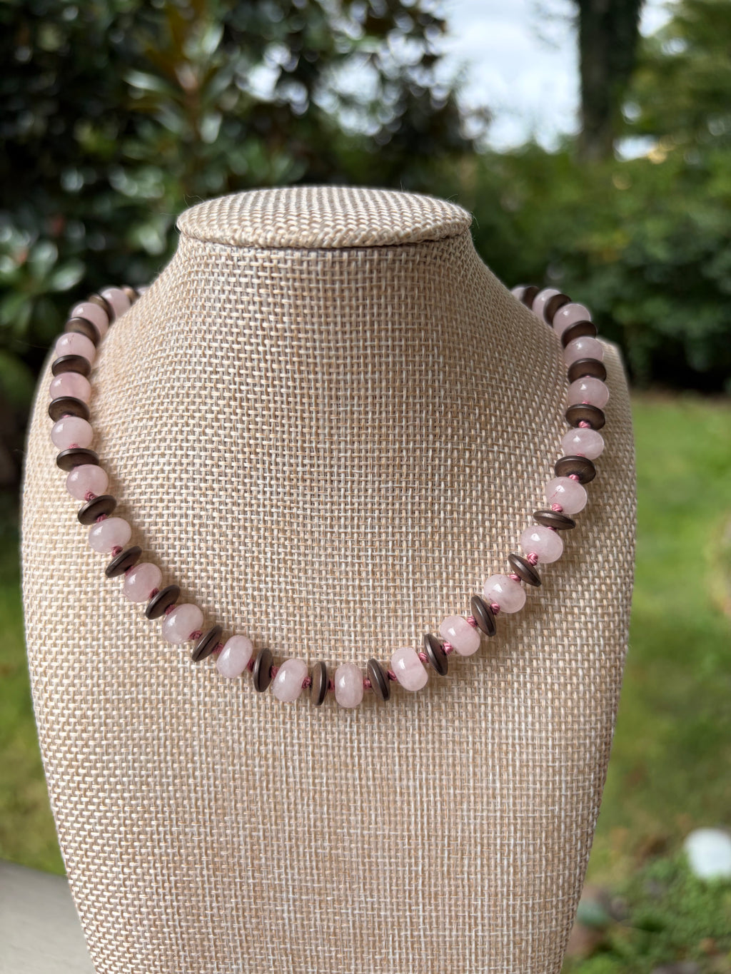 Pink Jade and Brown Disc Handmade Necklace Knotted on Silk Cord.