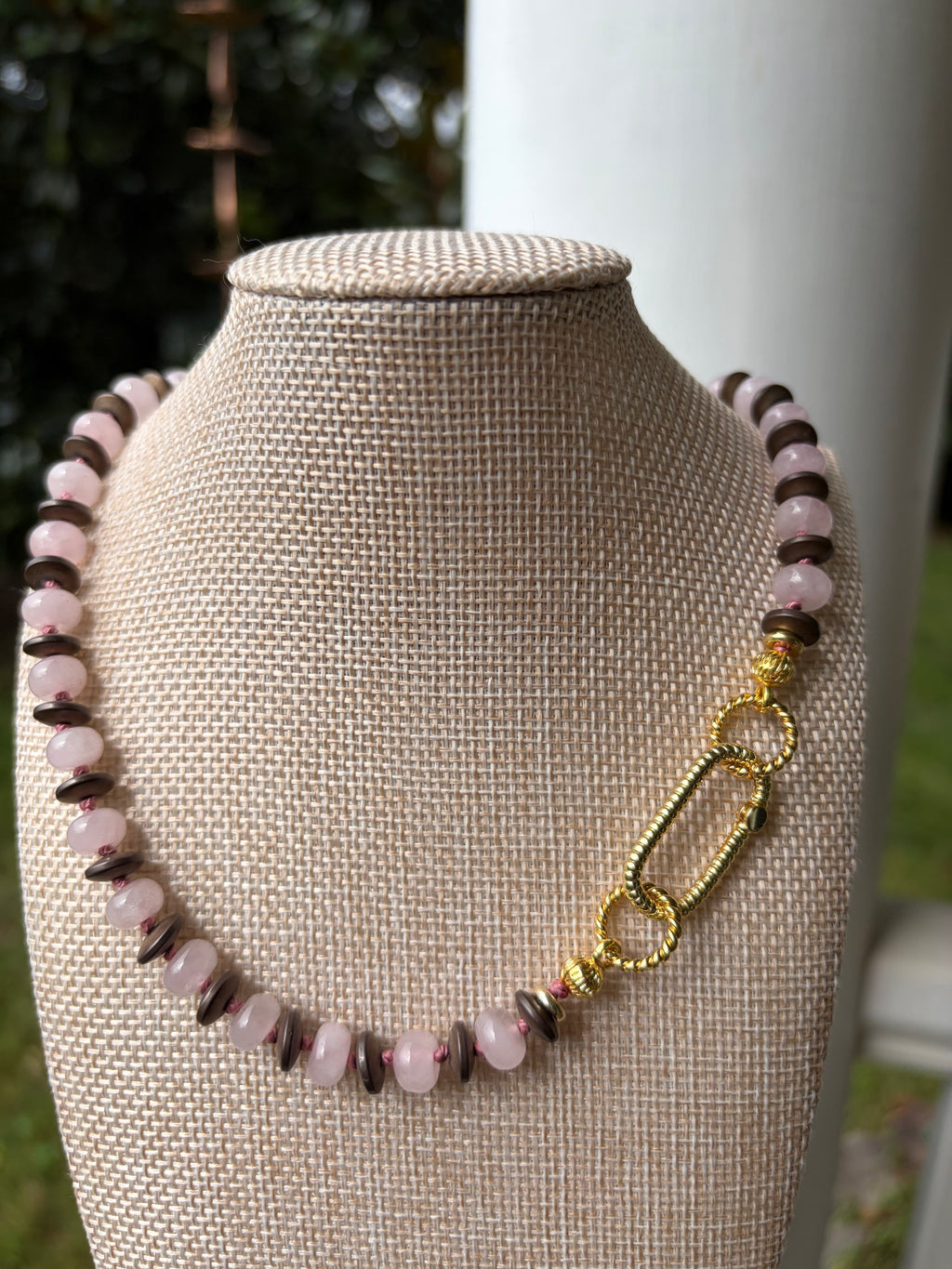 Pink Jade and Brown Disc Handmade Necklace Knotted on Silk Cord.