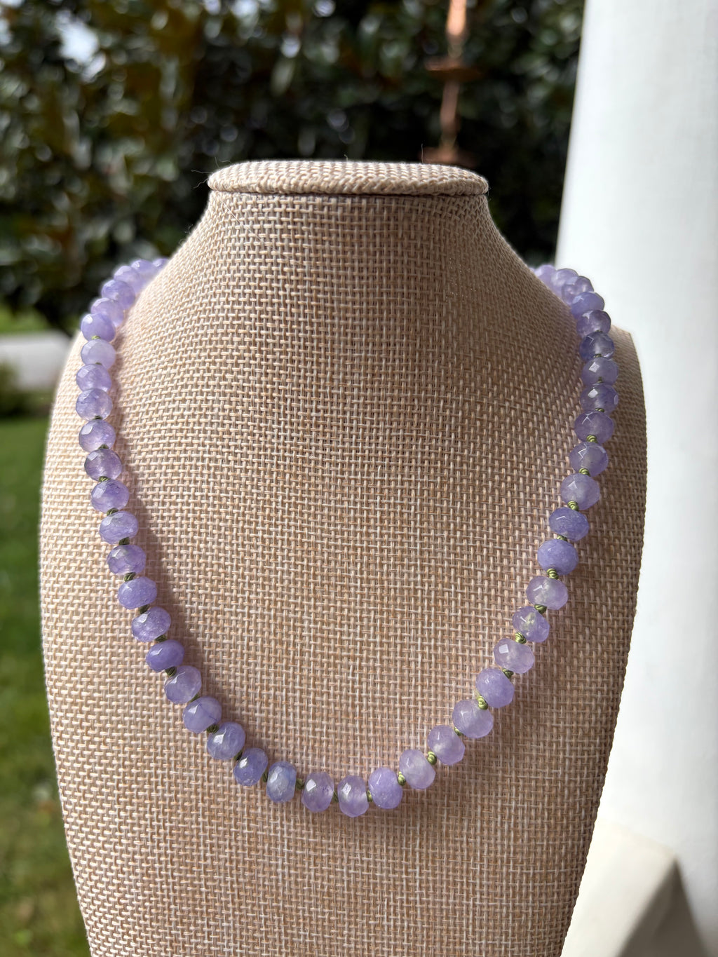 Purple Jade Faceted Beads Hand-Knotted on Green Cord
