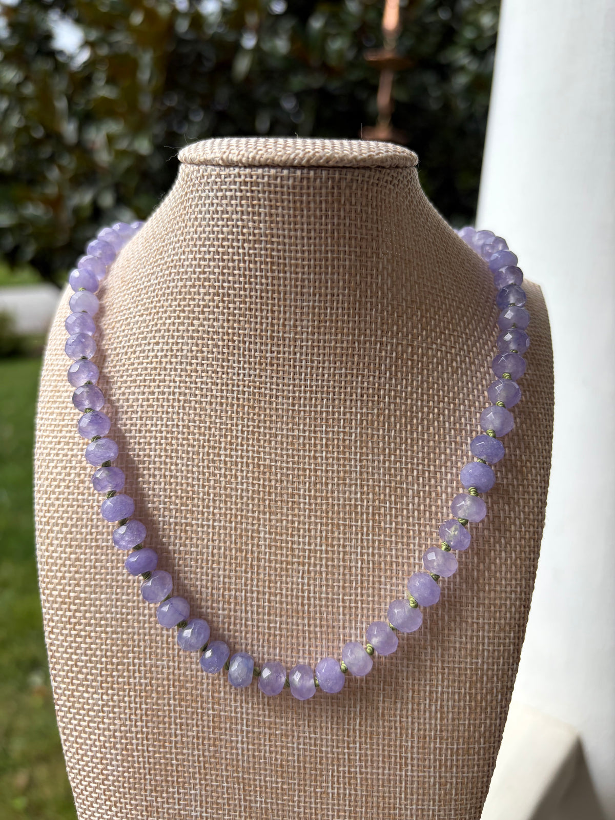 Purple Jade Faceted Beads Hand-Knotted on Green Cord