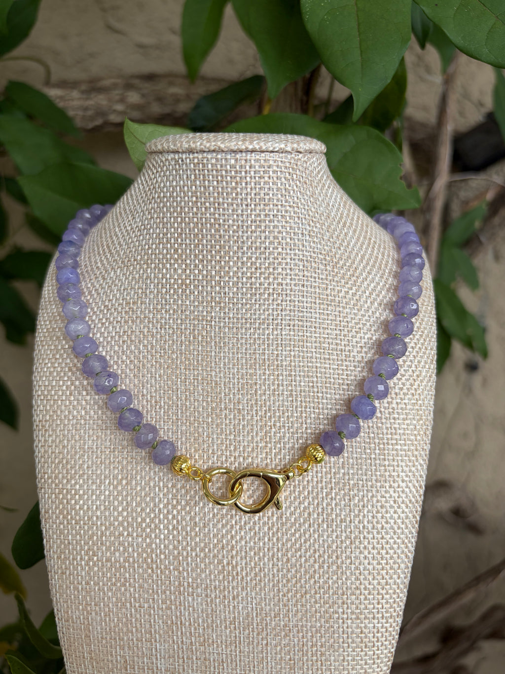Purple Jade Faceted Beads Hand-Knotted on Green Cord