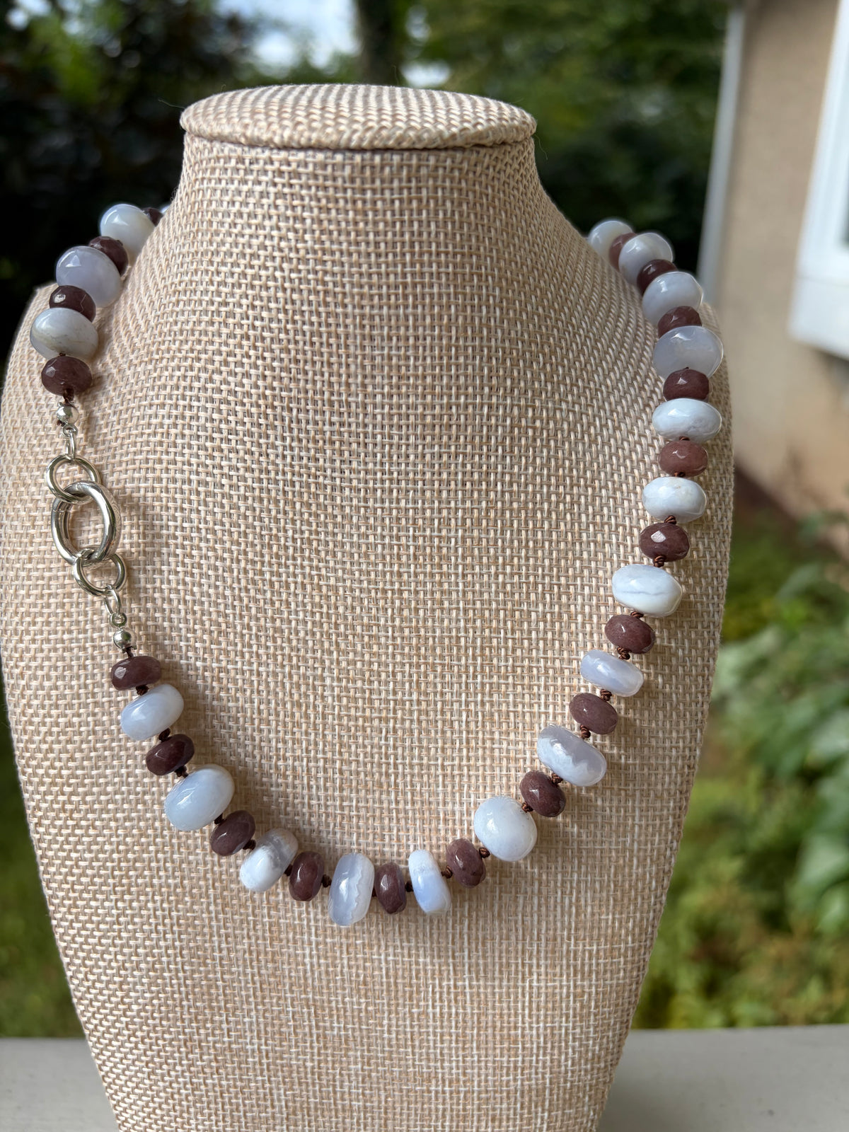 Blue Lace Agate and Chocolate Jade Beaded Necklace, Hand Knotted