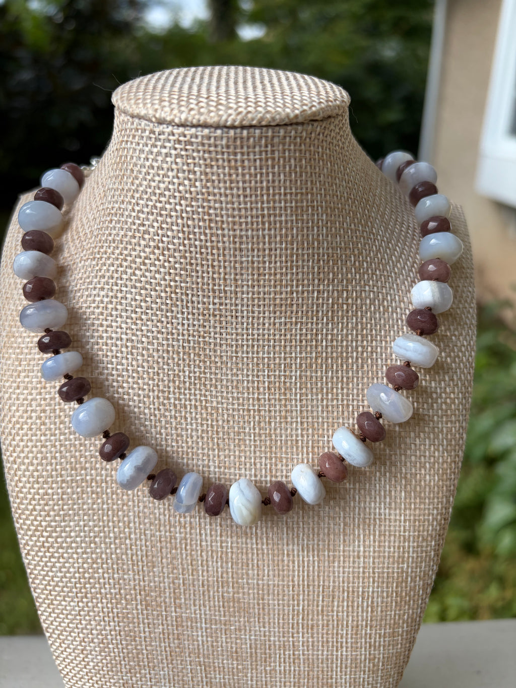 Blue Lace Agate and Chocolate Jade Beaded Necklace, Hand Knotted