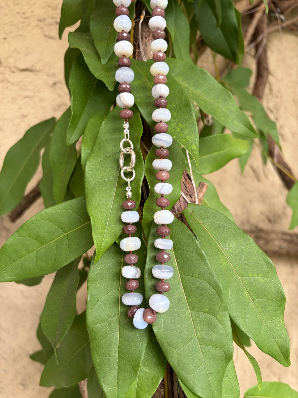 Blue Lace Agate and Chocolate Jade Beaded Necklace, Hand Knotted