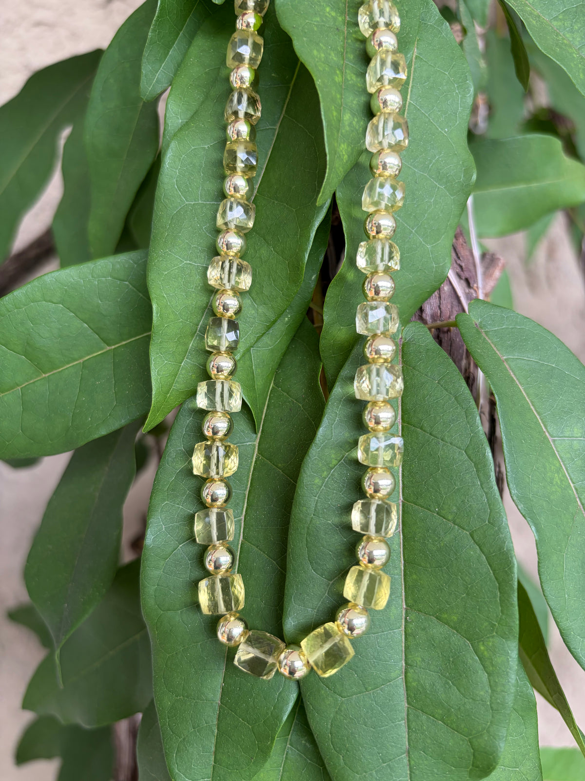 Yellow Quartz Faceted Cubes Beaded Necklace