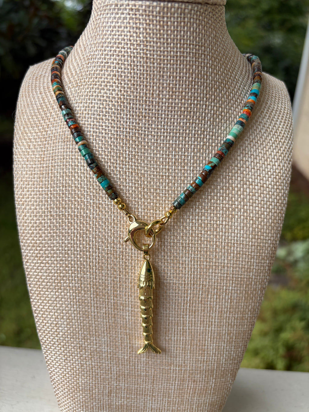 Turquoise Heishi Handmade Necklace with Fish Charm