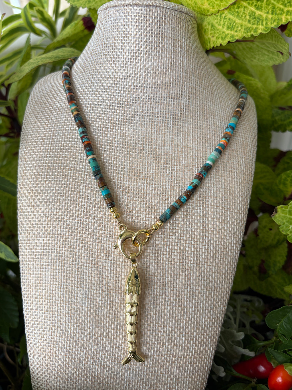 Turquoise Heishi Handmade Necklace with Fish Charm