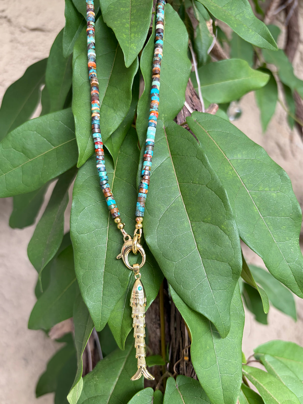 Turquoise Heishi Handmade Necklace with Fish Charm