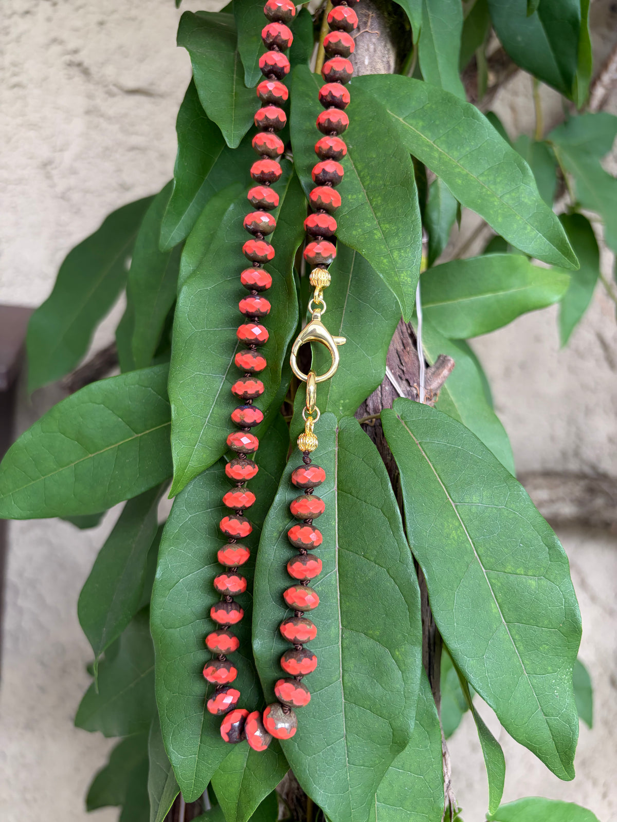 Orange and Dark Green Czech Crystal Handmade Silk Knotted Necklace