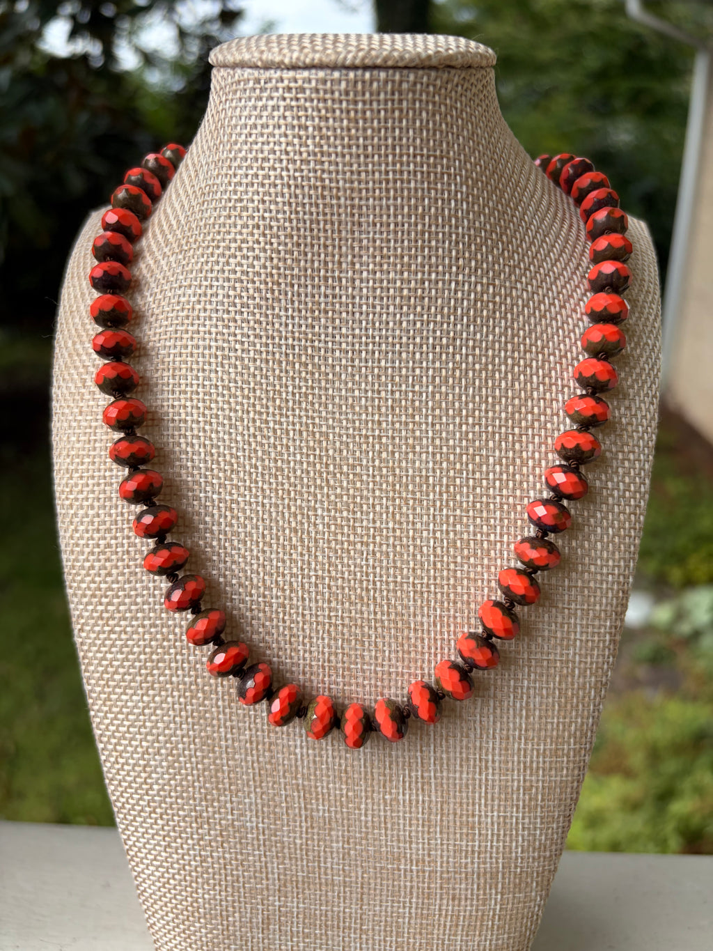 Orange and Dark Green Czech Crystal Handmade Silk Knotted Necklace