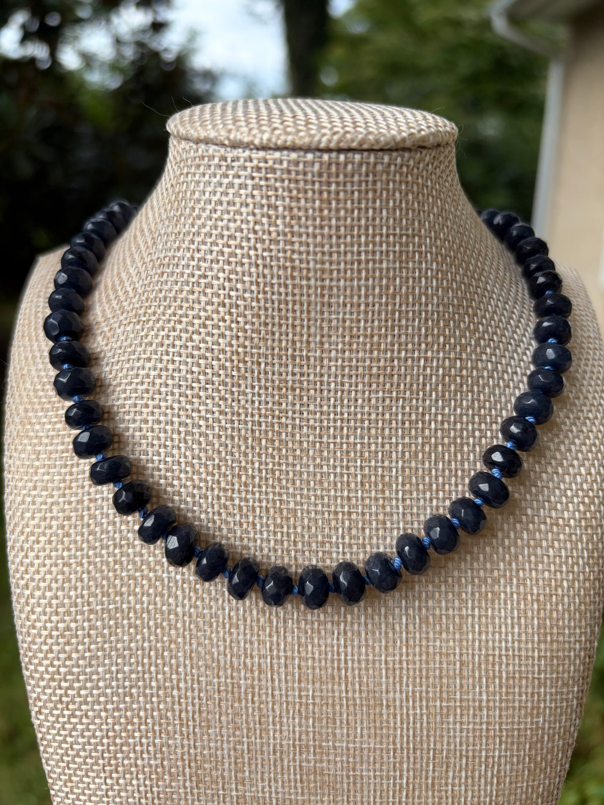 Dark Blue Faceted Beads Hand Knotted on Silk Cord