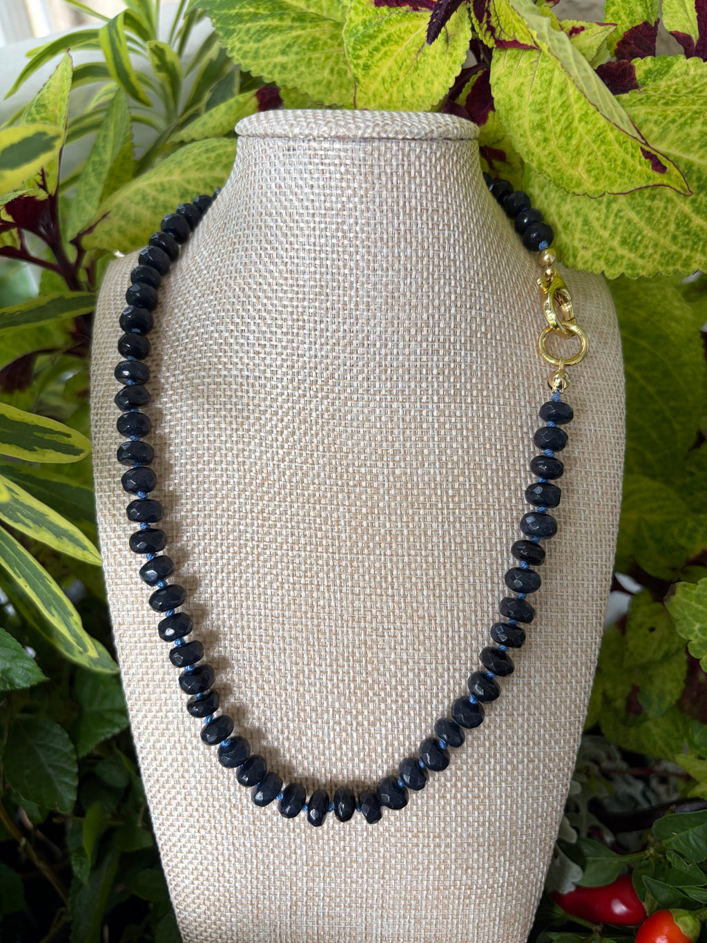 Dark Blue Faceted Beads Hand Knotted on Silk Cord