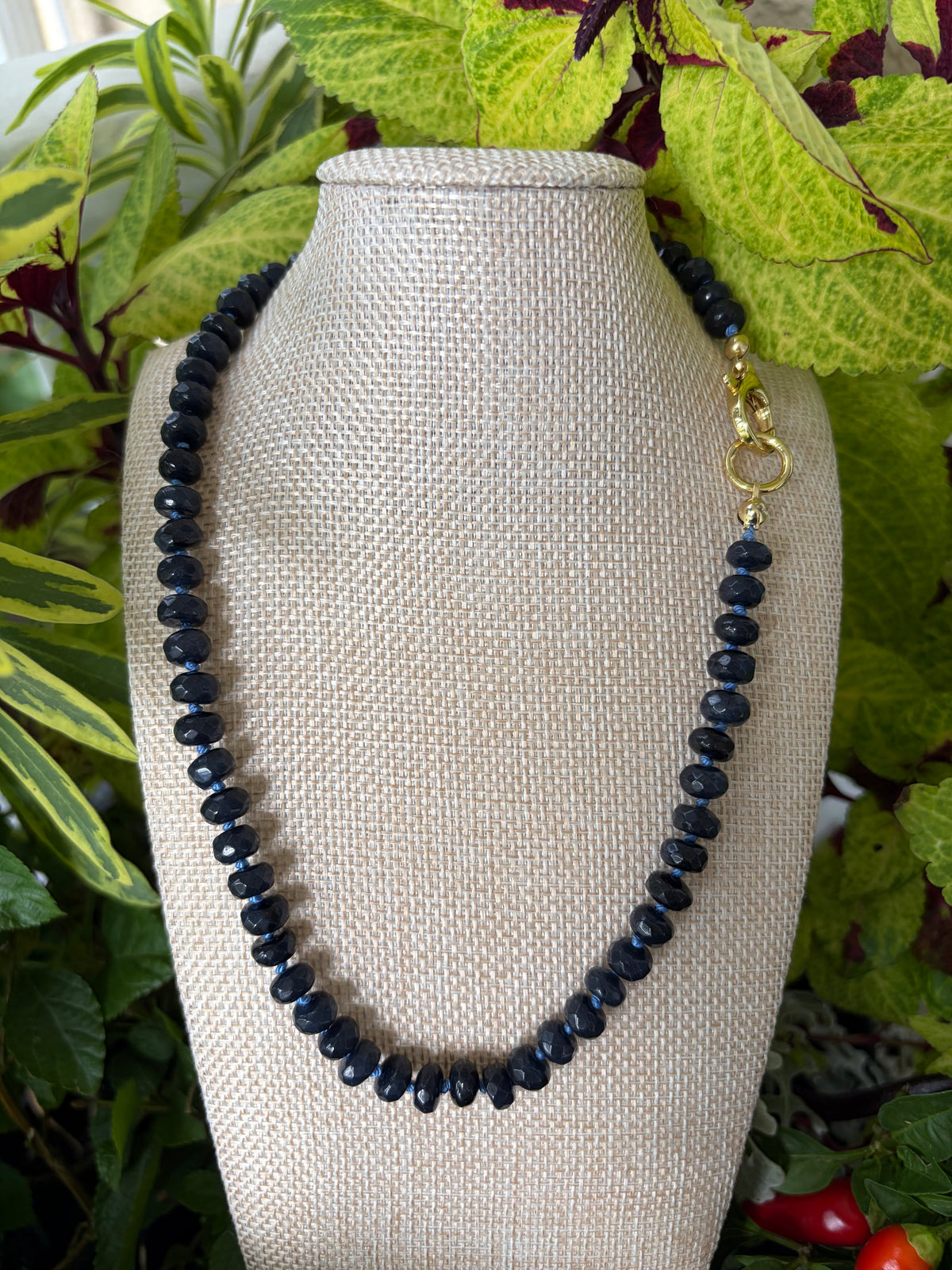 Dark Blue Faceted Beads Hand Knotted on Silk Cord