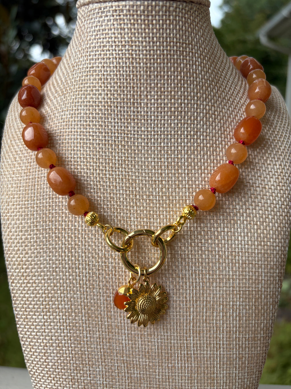 Caramel Colored Stone Beads Hand Knotted Beaded Necklace with Charms