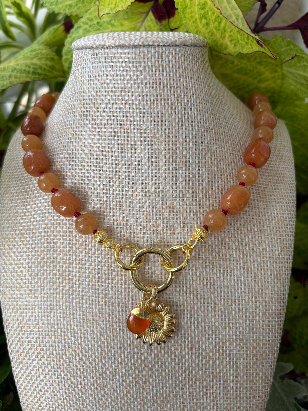 Caramel Colored Stone Beads Hand Knotted Beaded Necklace with Charms