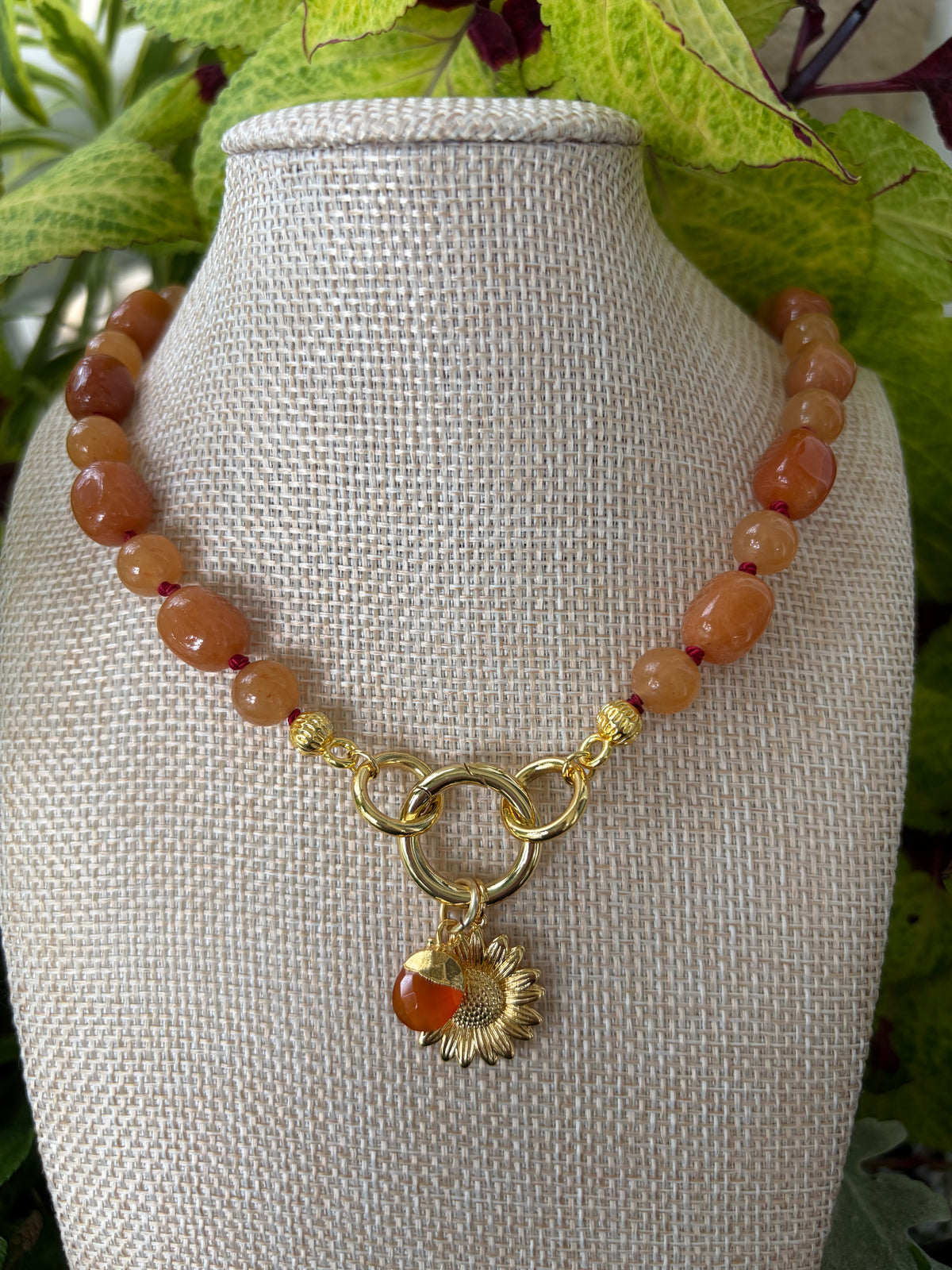 Caramel Colored Stone Beads Hand Knotted Beaded Necklace with Charms