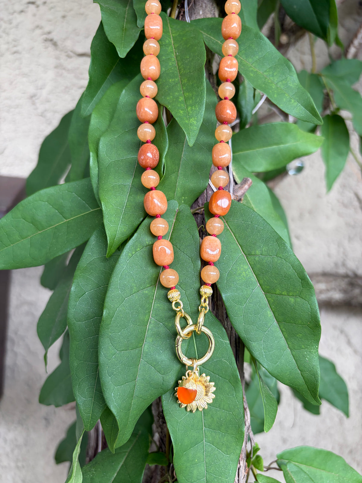 Caramel Colored Stone Beads Hand Knotted Beaded Necklace with Charms