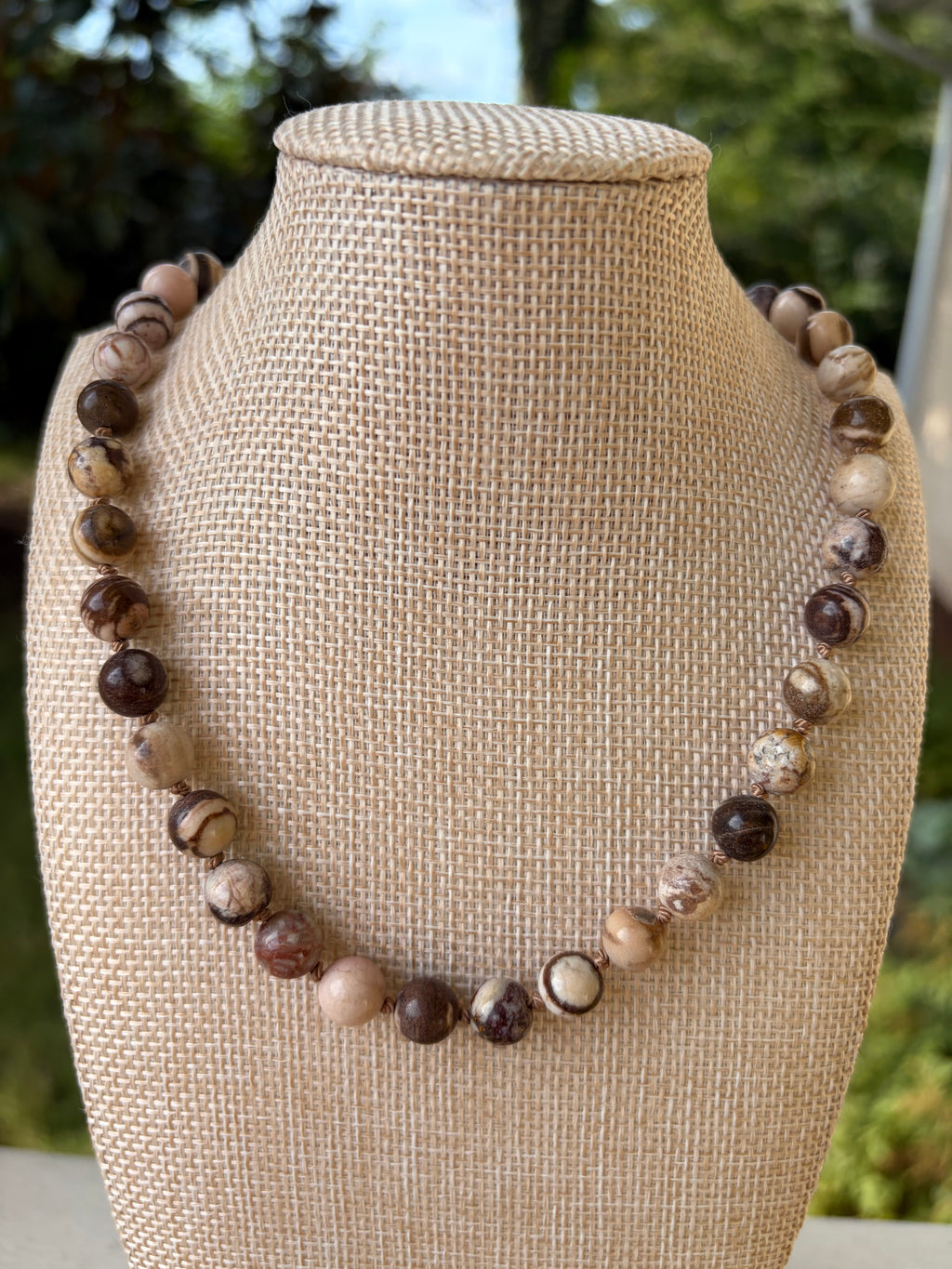 Brown Petrified Wood Beaded Necklace Hand Knotted