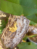 Gold origami crane charm with jump ring bail on tree bark