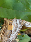 High-polish gold padlock charm on tree bark
