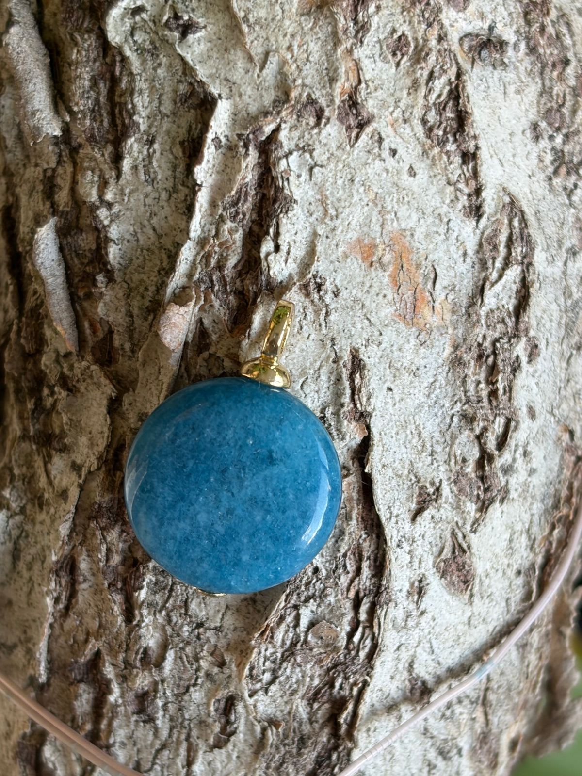 Blue stone charm with gold bail on tree bark
