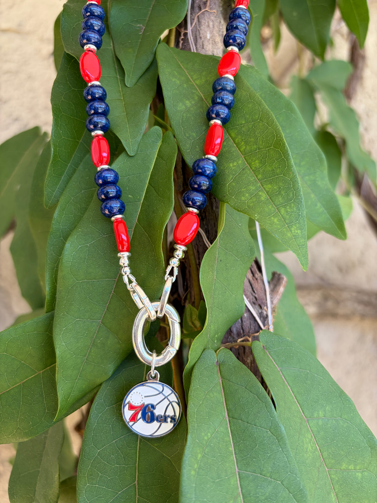 Lapis and red rice bead 76ers necklace draped on green leaves