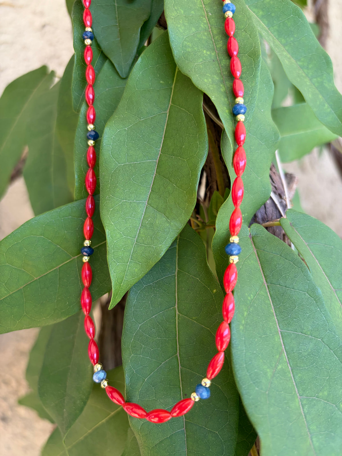 Red rice bead and lapis necklace with gold clasp draped on leaves