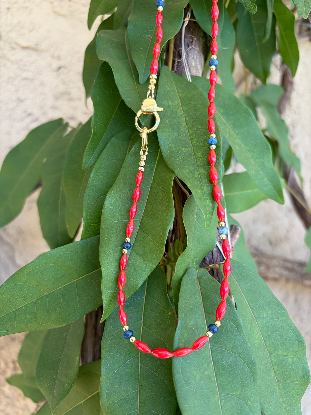 Red rice bead and lapis necklace draped on green leaves close up