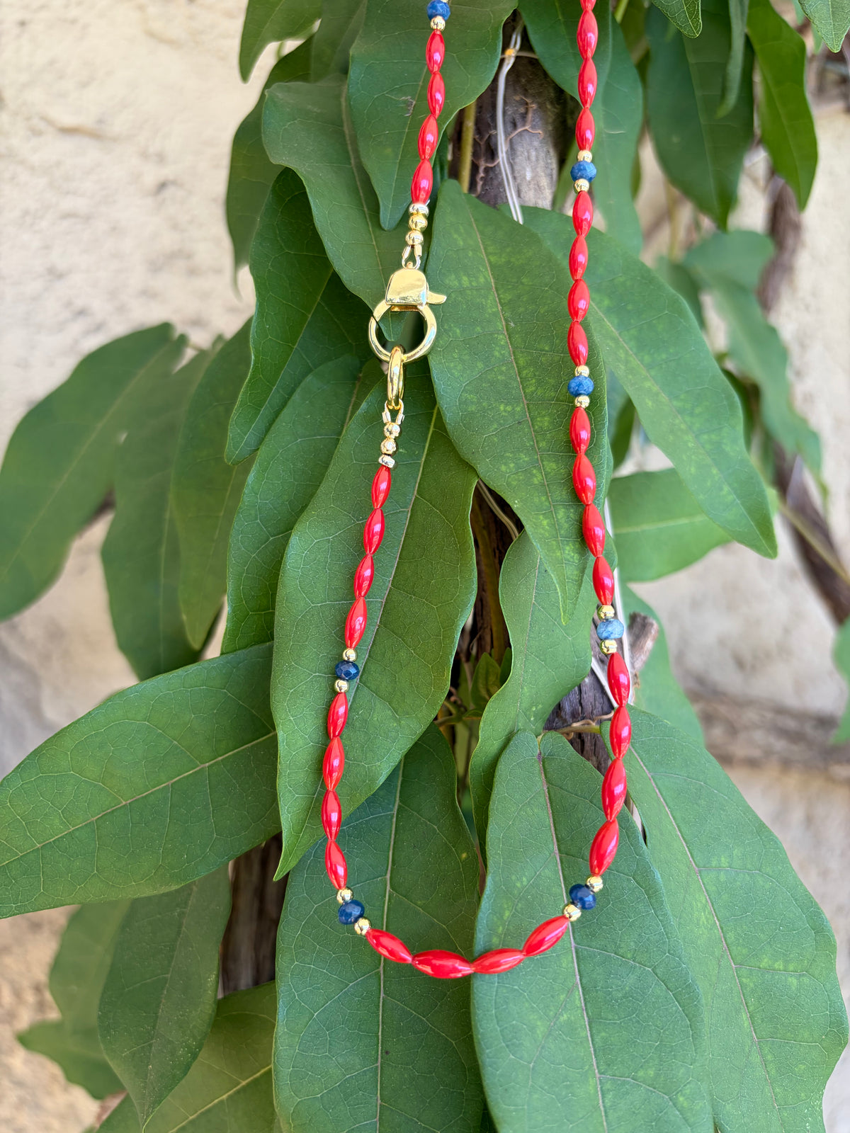 Red rice bead and lapis necklace draped on green leaves close up