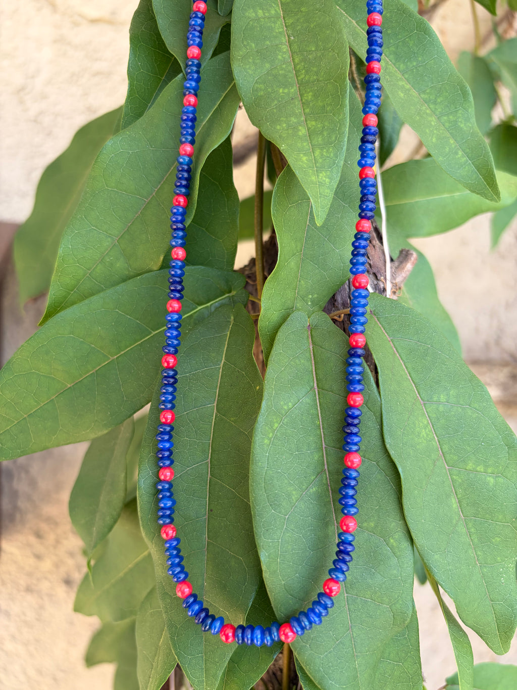 Blue and red seed bead necklace on green leaves