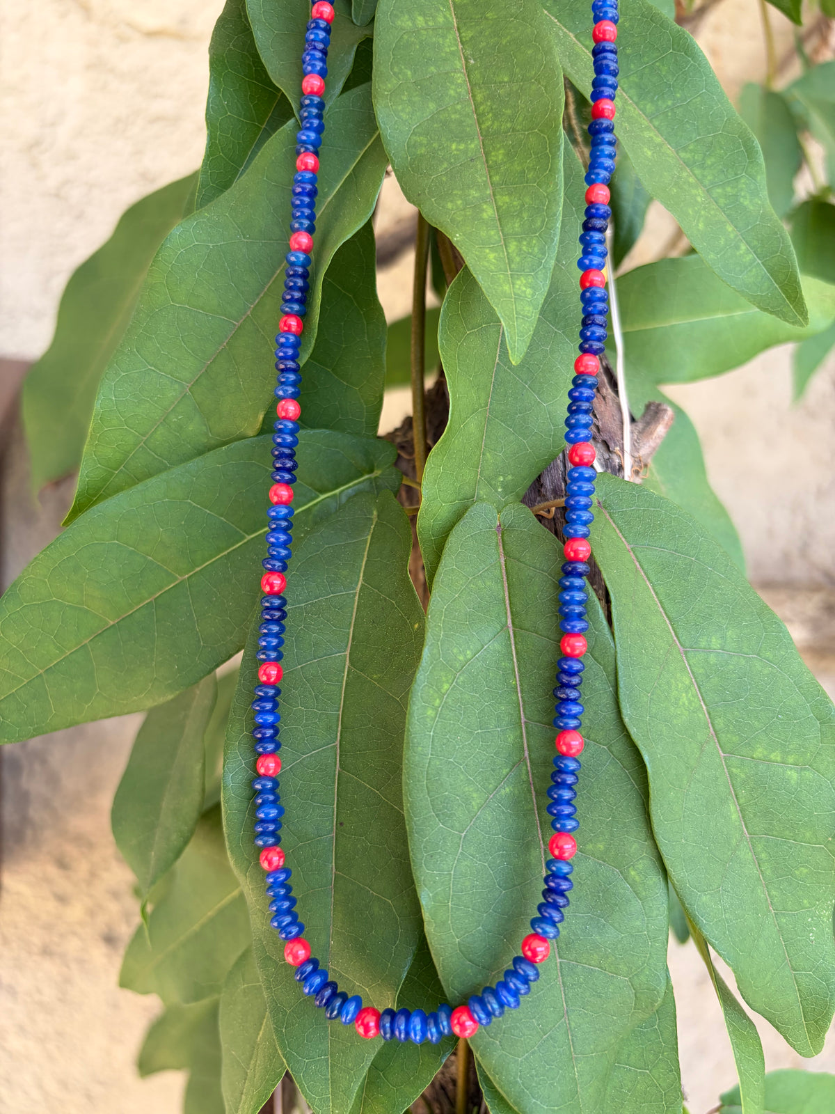 Blue and red seed bead necklace on green leaves