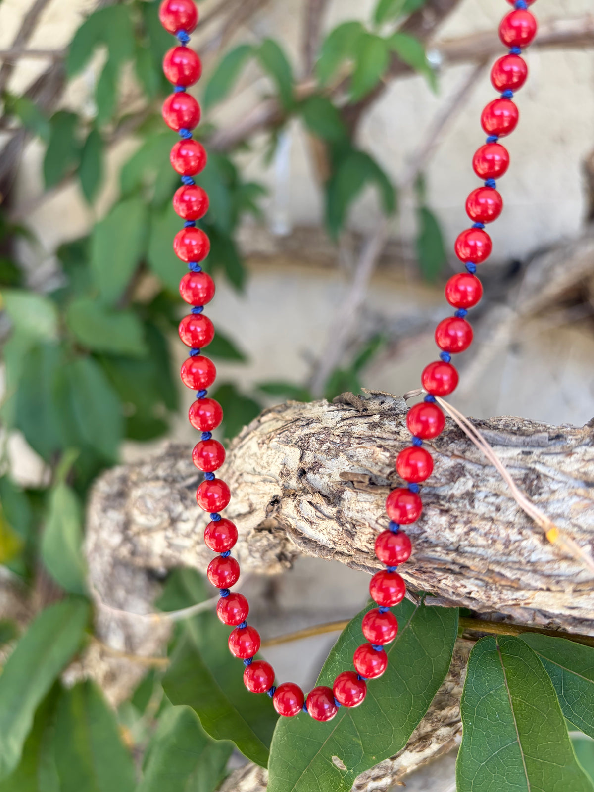 Red beaded necklace draped on green leaves