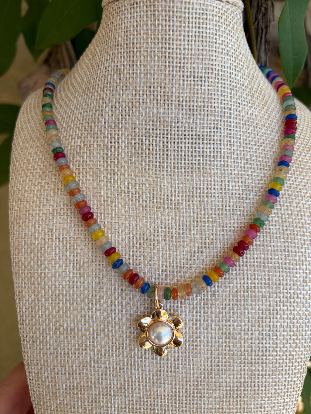 Mixed Gemstone Beaded Necklace with Charm