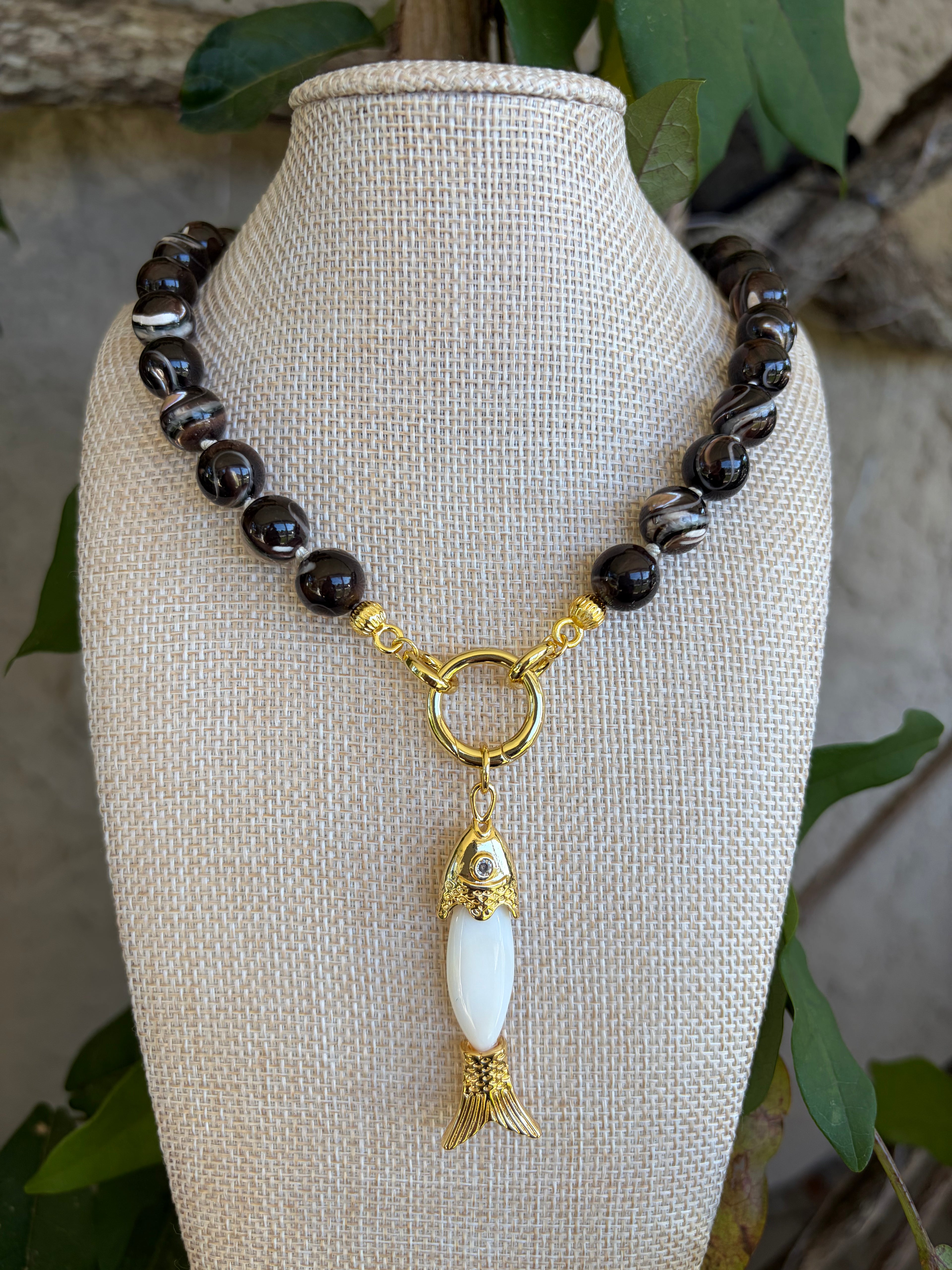 Brown Mother of Pearl & Fish Charm Necklace