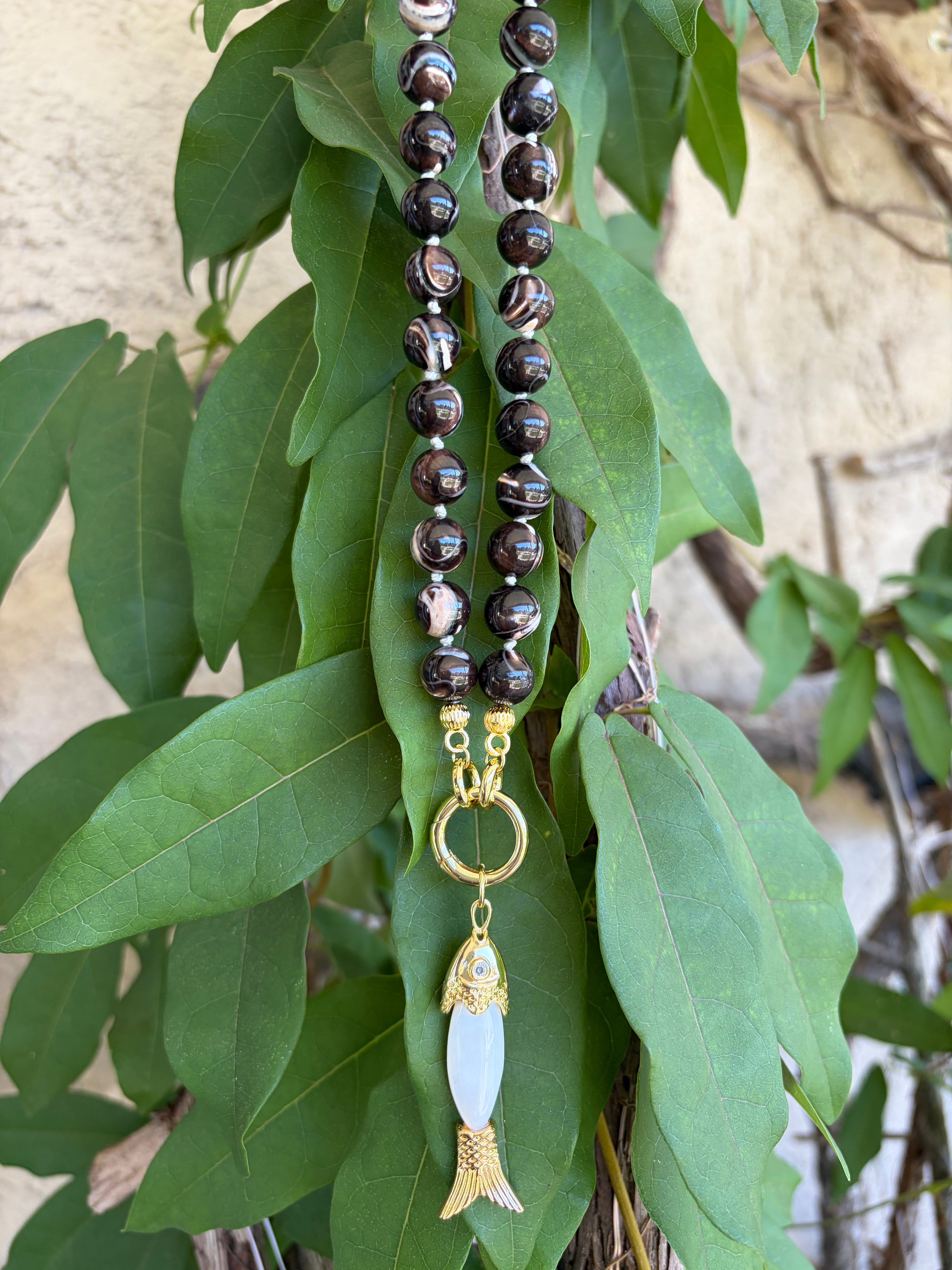 Brown Mother of Pearl & Fish Charm Necklace