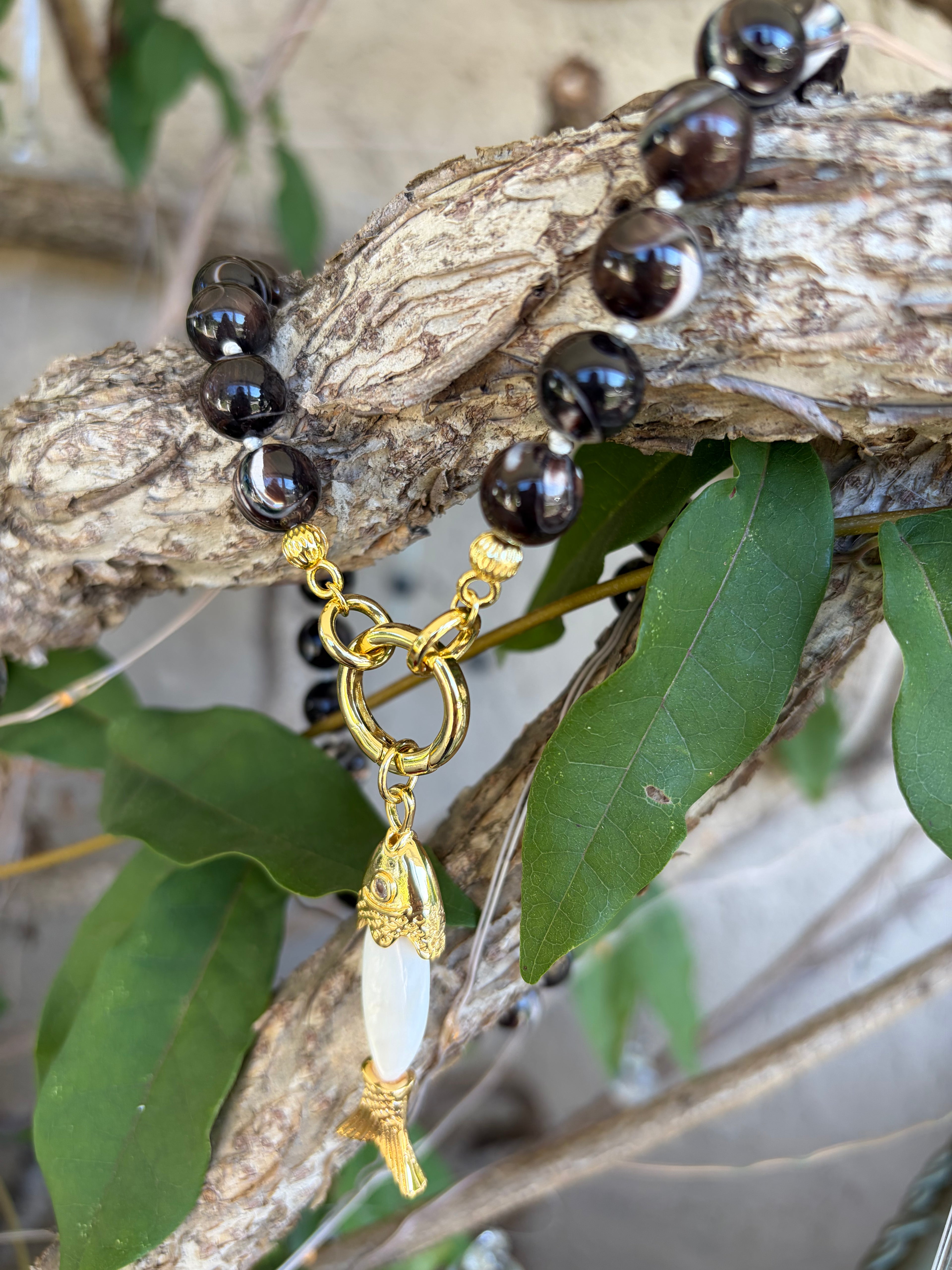 Brown Mother of Pearl & Fish Charm Necklace