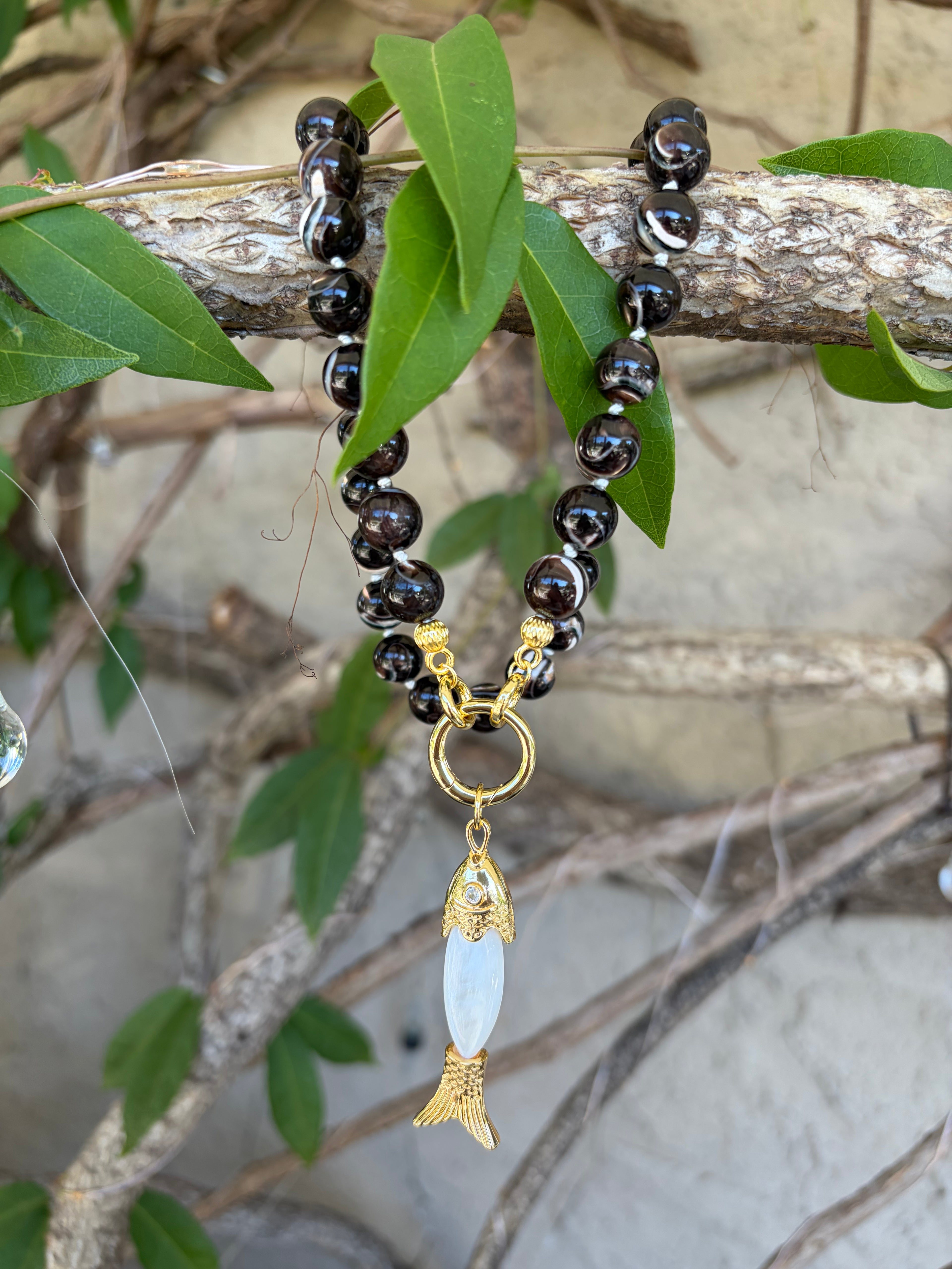 Brown Mother of Pearl & Fish Charm Necklace