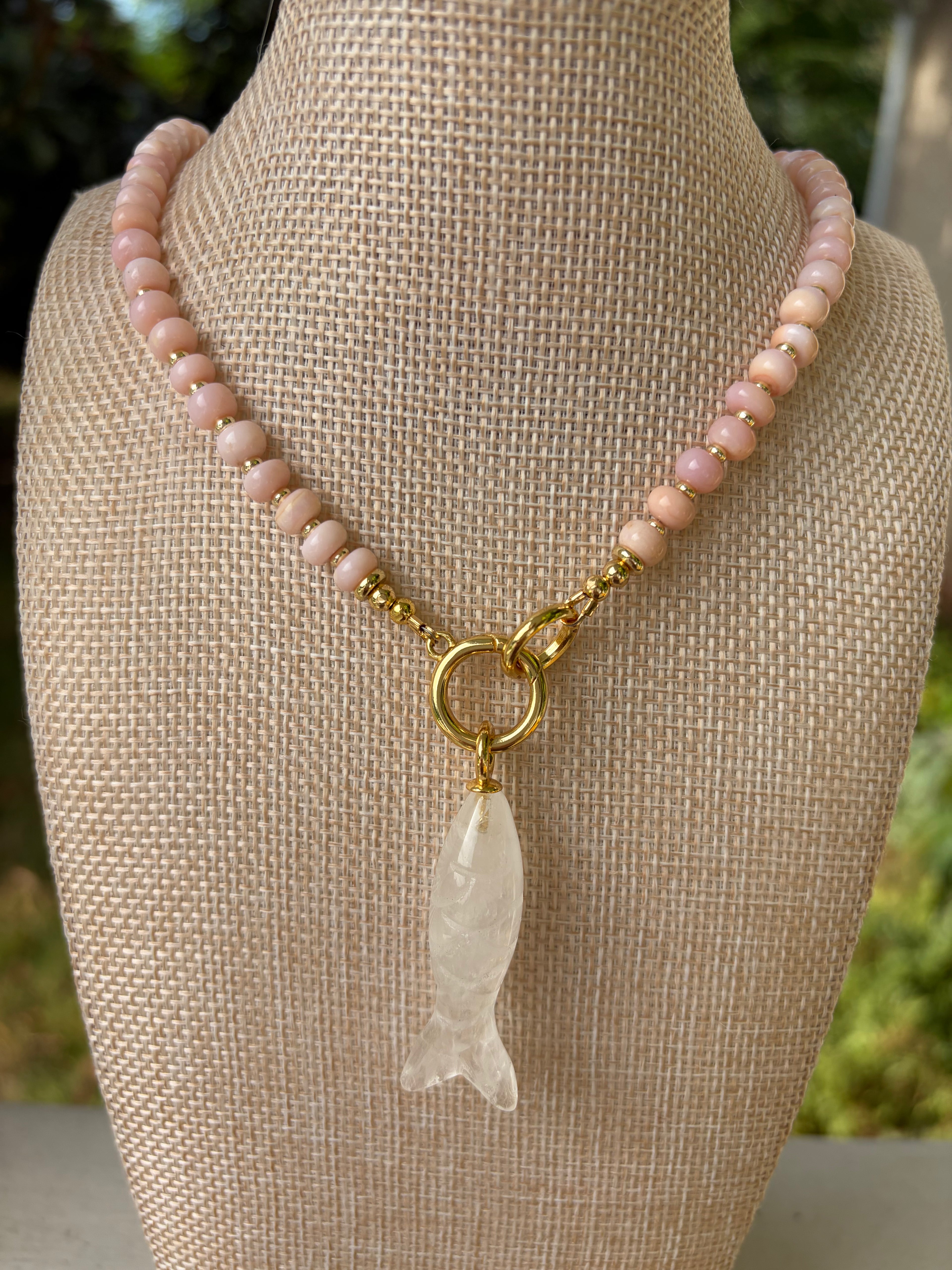 Pink Opal & Gold Filled Necklace with Quartz Fish