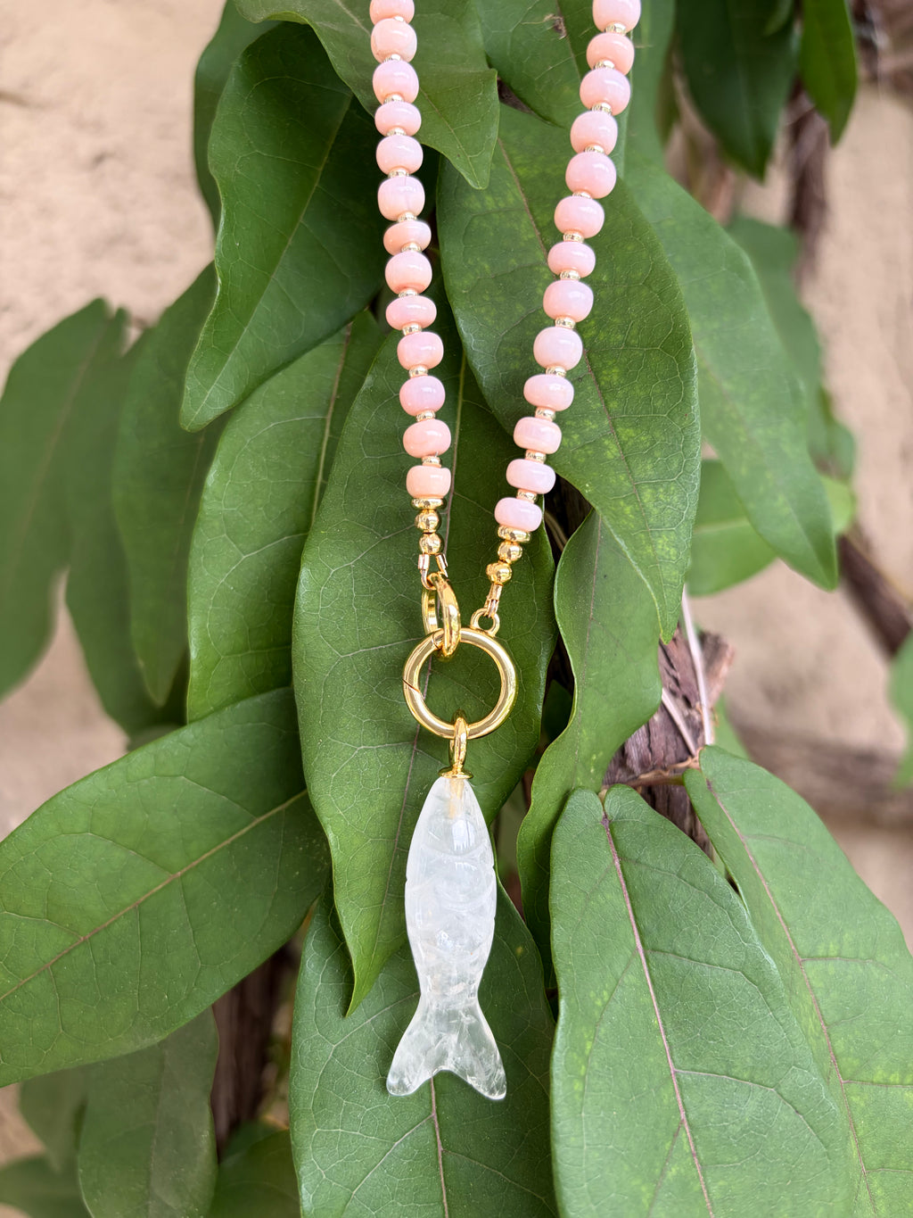 Pink Opal & Gold Filled Necklace with Quartz Fish