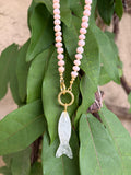 Pink Opal & Gold Filled Necklace with Quartz Fish