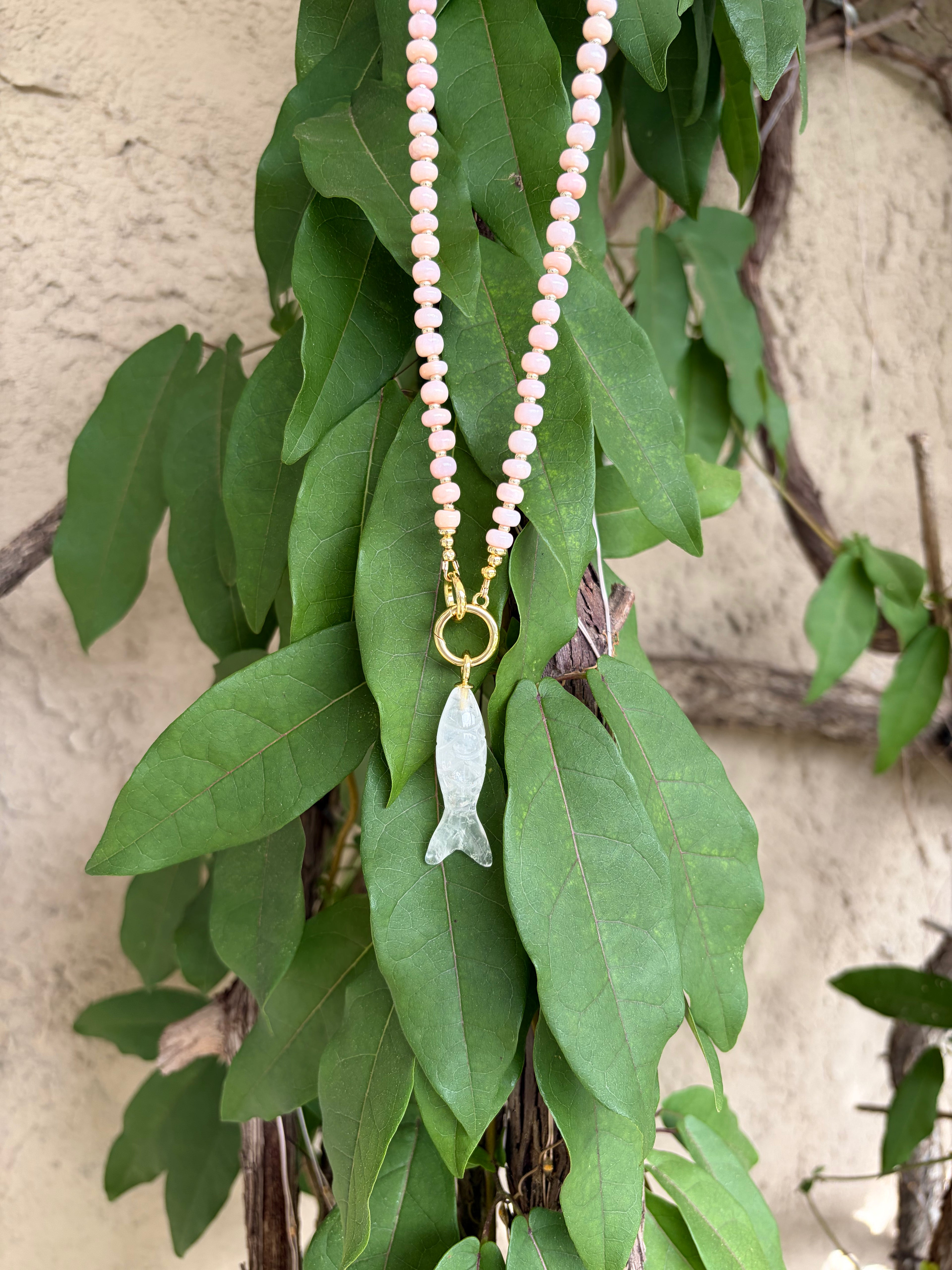 Pink Opal & Gold Filled Necklace with Quartz Fish