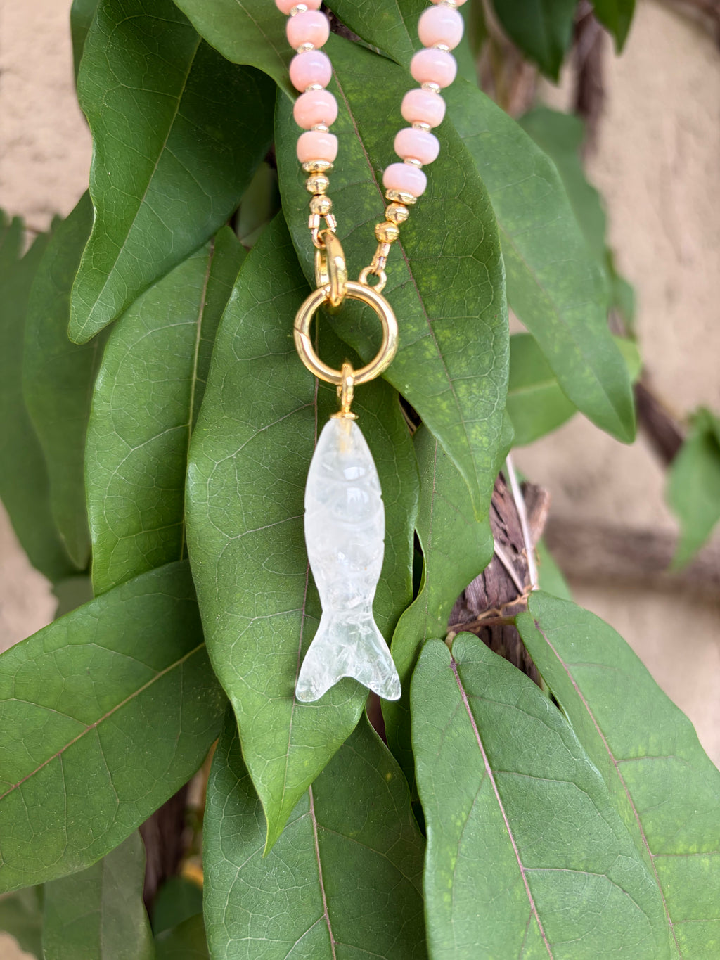 Pink Opal & Gold Filled Necklace with Quartz Fish