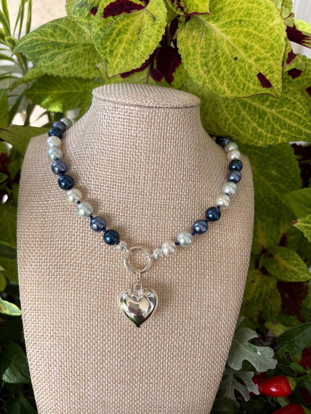 Glass Pearl Knotted Silk Necklace with Heart Charm